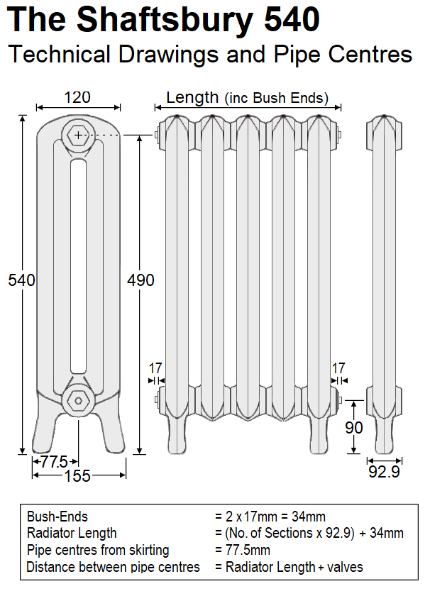 Shaftsbury Cast Iron Radiator 540mm High, 17 Sections